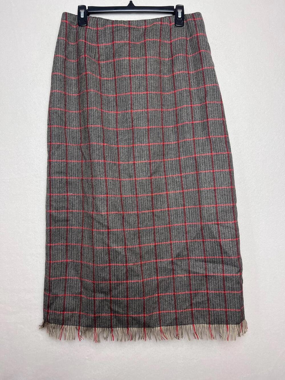 Harve Benard Vintage Gray Plaid Fringed Wool Skirt Size 14 Cottage Acedamia
